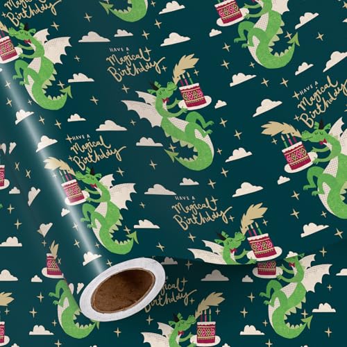 RUSPEPA Birthday Wrapping Paper Roll for Boys Girls Mini Roll Magical Dragon and Cake Design with Have a Magical Birthday Text Design Fantasy Gift Wrap for Kids Party 17 Inches x 16.4 Feet