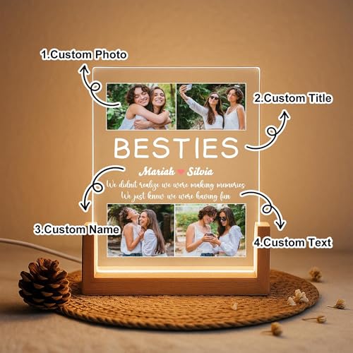 Image of Friendship Day Custom Photo Collage LED Lamp, Personalised Acrylic Night Light for Best Friends, Warm White, Wooden Base, Touch Control, Modern Style (Bestie 4)