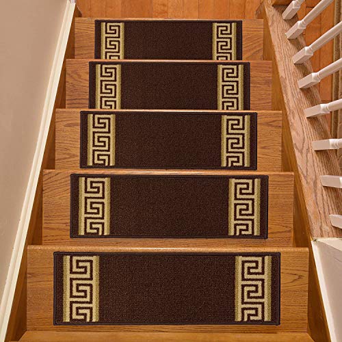 Top Rated Stair Treads Skid Slip Resistant Backing Indoor Carpet Stair Treads Meander Greek Key Design 8 ½ inch x 26 ¼ inch (Set of 15, Beige Brown)