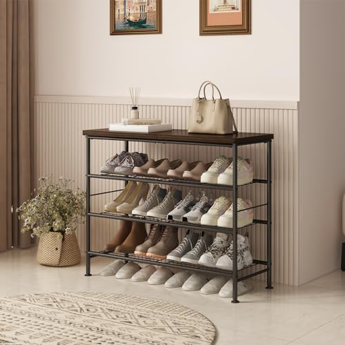 Image of SUOERNUO Shoe Rack Organizer 4 Tier for Closet Entryway Free Standing Metal Storage Shoe Shelf with MDF Top Board,Black