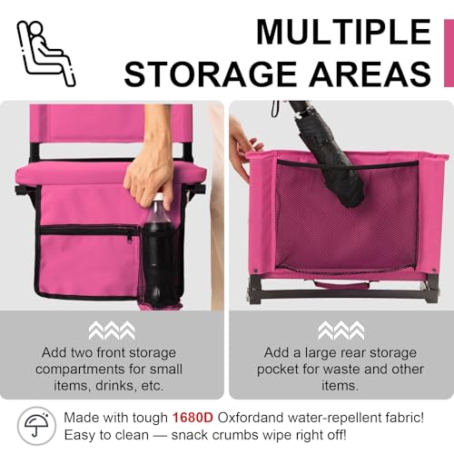 Image of Stadium Seats with Back Support for Bleachers, Folding Bleacher Seat Bleacher Chairs with Back and Cushion, Padded Stadium Chair with Shoulder Strap, Large Mesh Pocket & Carry Handle, Pink