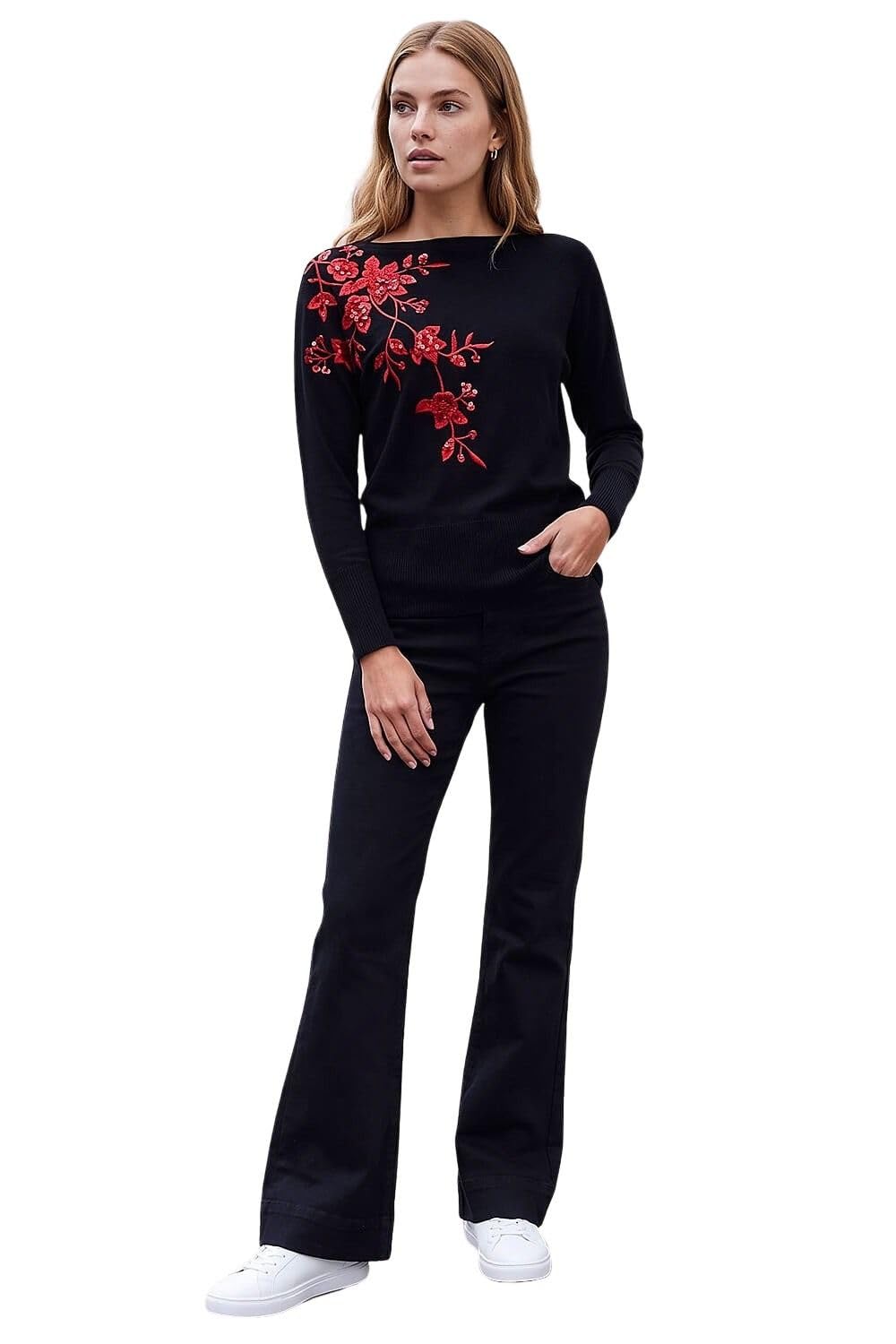 Roman Sequin Floral Knitted Jumper, Black, Size 16, Women