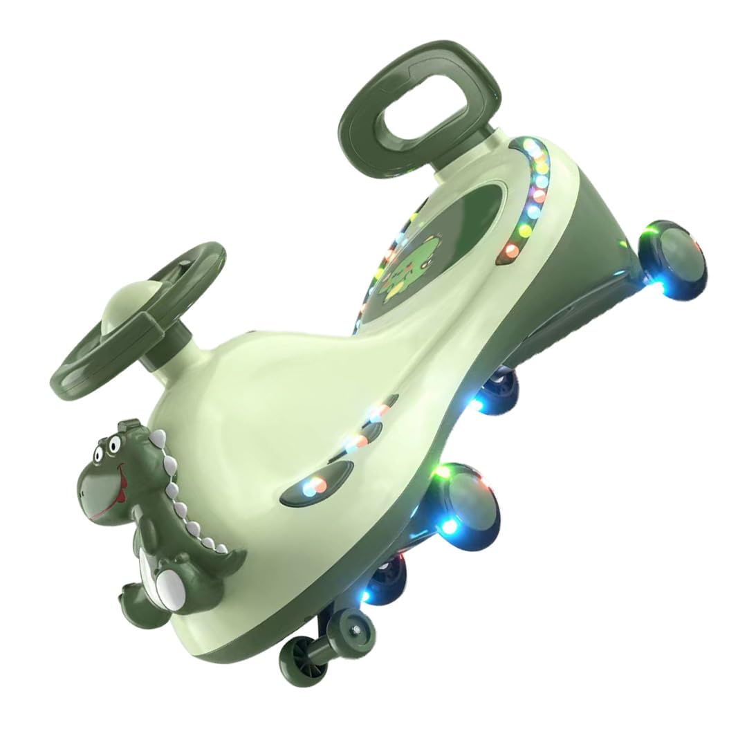Dla Dzieci Plastikowy Samochodzik Wiggle Car z Wyciszonymi (GREEN) | Uniwersalny Wózek na Kółkach, Style Wózków Spacerowych i Bagażowych, Zasilany 3 Bateriami AA, Opcja Modelu Dinozaura