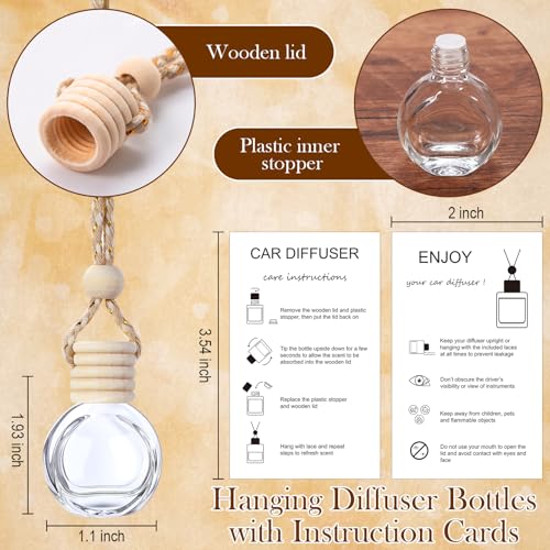 Image of Boao 25 Sets Hanging Car Air Freshener Diffuser Bottles Empty Bulk with Car Diffuser Instruction Cards Organza Bags Glass Refillable Essential Oil Fragrance Aromatherapy Pendant (Round,Clear)