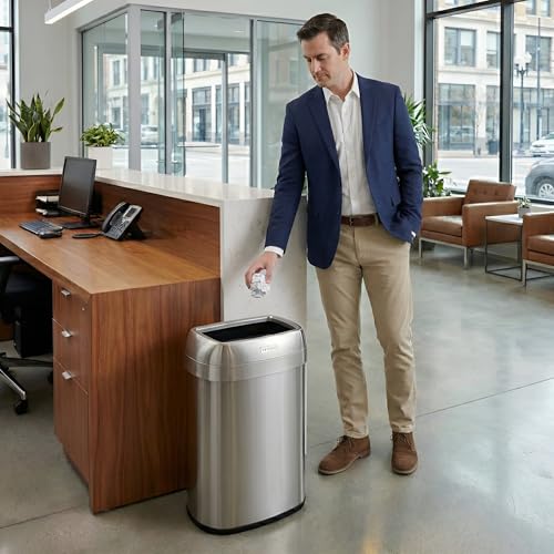 Image of iTouchless 13 Gallon / 50L Open Top Trash Can, Oval Stainless Steel with Double AbsorbX Odor Filters - Fingerprint-Resistant Modern Kitchen and Office Waste Bin for Hassle-Free Disposal