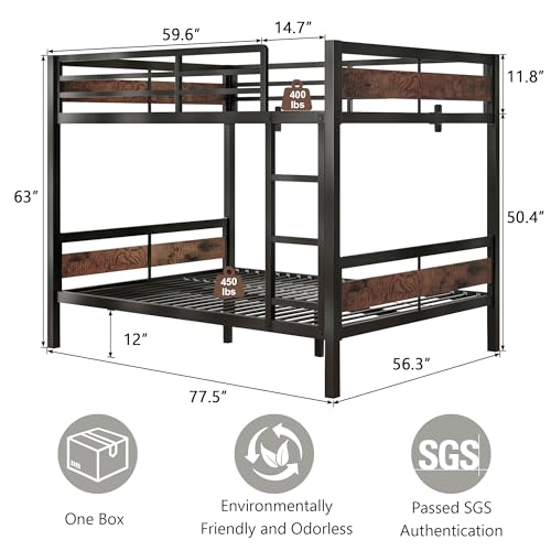 Image of iPormis Metal Bunk Bed Full Over Full, Heavy Duty Bunk with High Guardrail and Safety Entrance Design, Under-Bed Storage Space, Easy Assembly, Noise Free, Rustic Brown