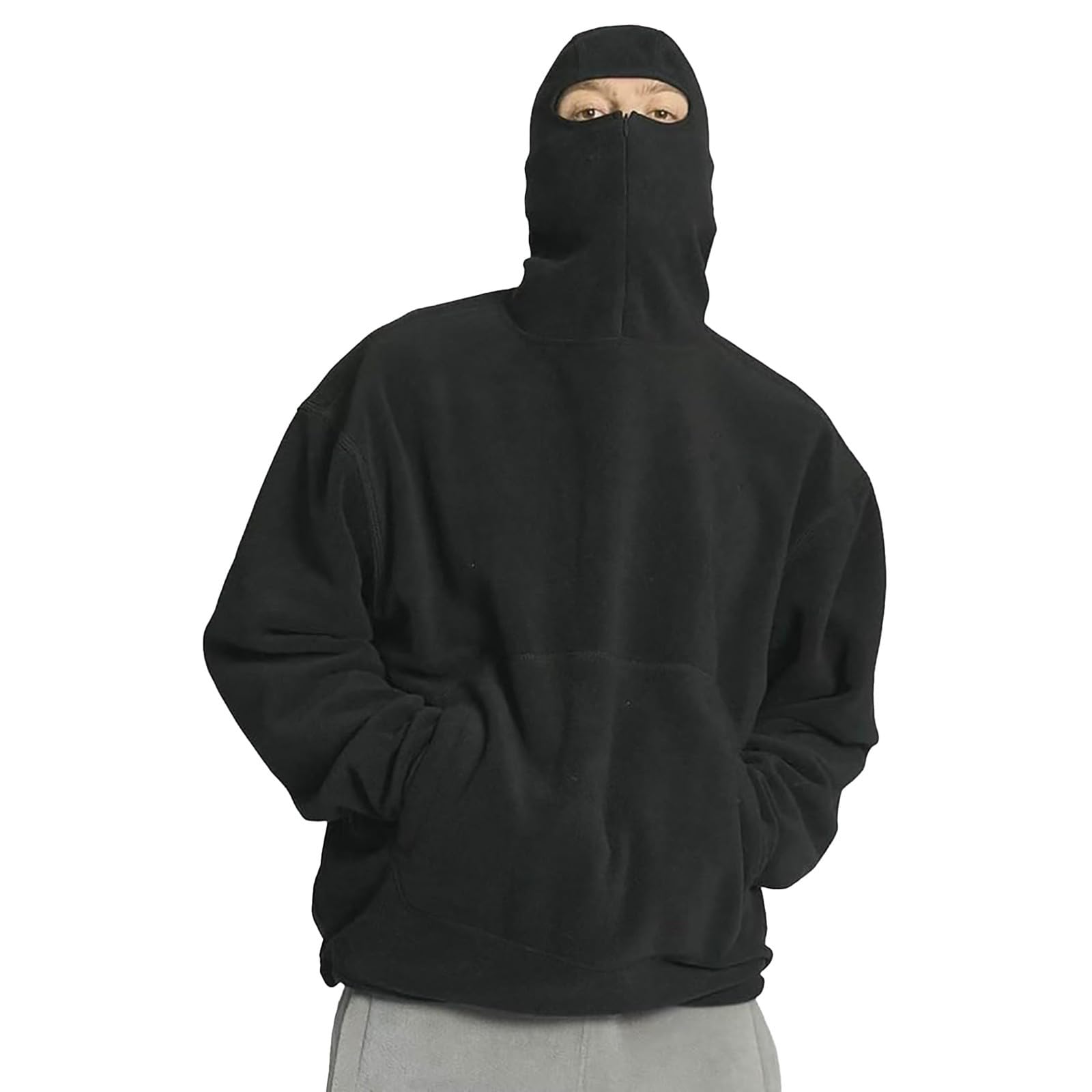 Balaclava Felpa con cappuccio da uomo con collo alto, Hip Hop, in pile, felpa con cappuccio, oversize, tinta unita, hood urbano, antivento, calda felpa in pile giapponese
