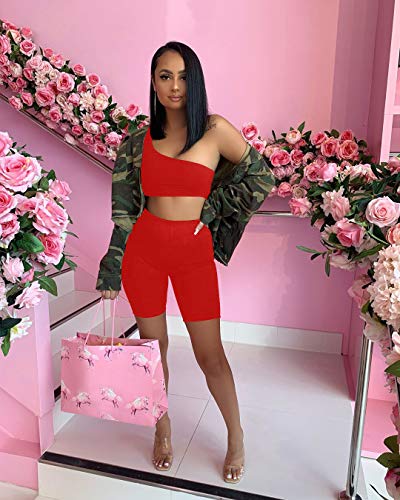 LAGSHIAN Women\'s Sexy 2 Pieces Outfit One Shoulder Crop Top Short Pants Bodycon Sets red