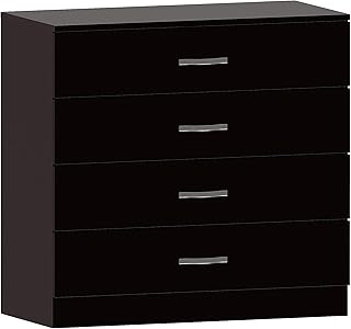 Vida Designs Commode noire à 4 poignées et glissières en métal, support de tiroir anti-nœuds unique, meuble de chambre Riano, Pin, 4 Drawer
