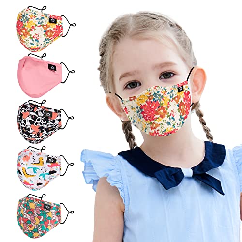 5pcs Kids Cotton Face Covering Set Reusable Washable Cute Pattern 3 Layers Adjustable Dust Cover for Boys Girls