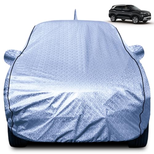 Image of FABTEC Metallic Silver Waterproof Car Body Cover for Hyundai Creta Sun, UV and Dust Protection with Mirror and Antenna Pocket (Reflective Silver with Black Piping)