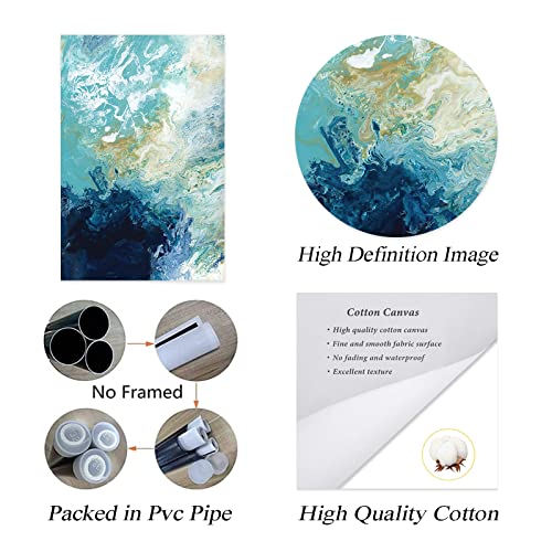 Turquoise And Gold Wall Decor Blue Gold Abstract Painting Modern Wall Art Canvas Water Flow Teal Blue Yellow Canvas Wall Art Modren Abstract Blue Ocean Wave Picture Living Room Decor16X24Inch No Frame #TOP4