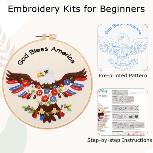 Image of Nuberlic Embroidery Kits for Beginner Adults, God Bless America Eagle Cross Stitch Starter Kit with Embroidery Hoop Needles Threads Instruction -Independence Day