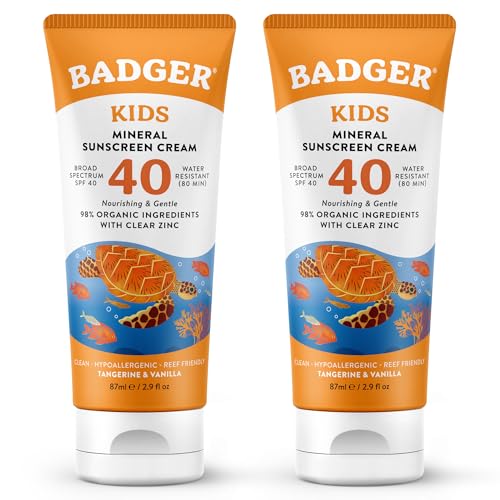 Badger Kids Mineral Sunscreen Cream SPF 40 98% Organic Ingredients Zinc Oxide Sunscreen for Kids Face & Body Water Resistant Reef Friendly Hawaii Approved Sunblock 2.9 fl oz 2-Pack
