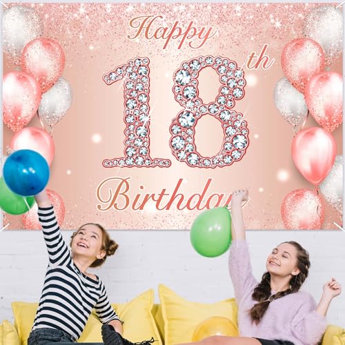 Image of Happy 18th Birthday Rose Gold Banner Cheers to 18 Years Old Backdrop Confetti Balloons Theme Decor for Girls 18 Years Old Pink Birthday Party Decorations Bday Supplies Background Favors Gift Glitter