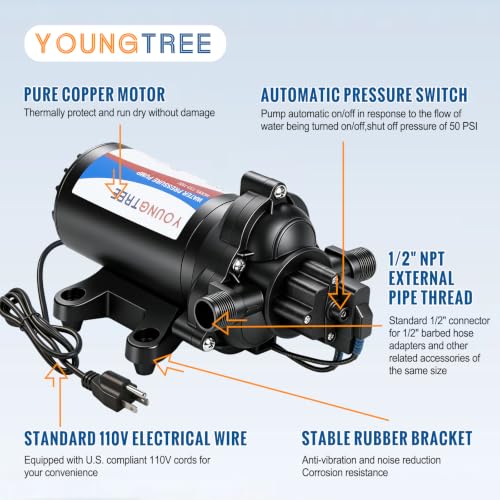 Image of YOUNGTREE RV Water Pressure Diaphragm Pump 110V 4.0GPM 50PSI On Demand Fresh Water Transfer Pump 110Volt AC with Garden Hose Adapters for Irrigation Home Pool Draining Sprinkler