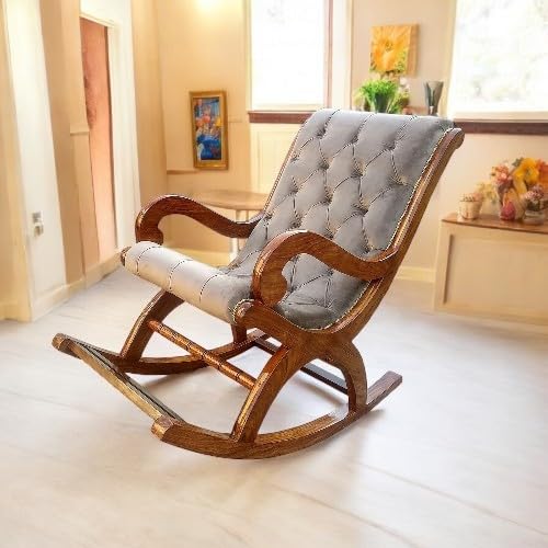 Image of Solid Sheesham Wood Rocking Chair for Living Room | Ergonomic Resting Chair for Relaxing and Pregnant Women (Black) (Grey)
