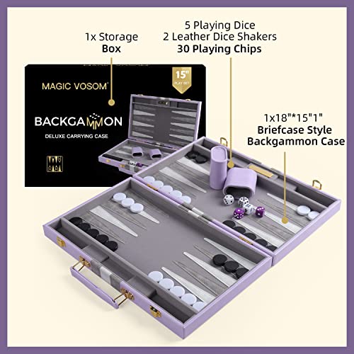 Magic Vosom Travel Medium 15 Inch Backgammon Set Classic Board Game Travel With Leather Make Board Gift Package, Portable Travel Strategy Backgammon Game Set For Adults, Kids (Purple, Medium) #TOP2