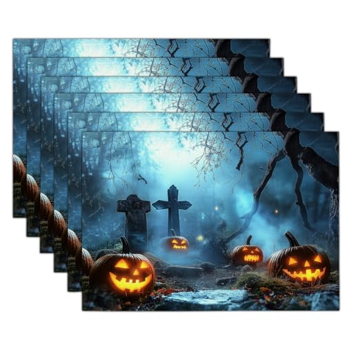 Sets de table lavables Halloween motif lanternes citrouilles bleu clair 8 pcs