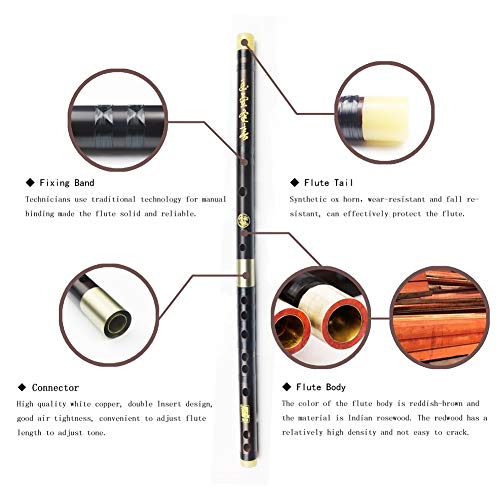 D Key Dizi Professional Rosewood Flute With Free Membrane & Glue & Protector Set Traditional Chinese Instrument (Key Of D/Professional Rosewood) #TOP1