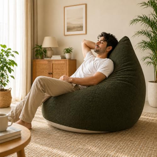 Image of Mollismoons Faux Fur Bean Bag Chair Cover for Adults & Kids | Luxury Lounger & Round Floor Sofa Seating | Modern Cozy Feel | No Beans Included (Oilve Green, Teardrop)