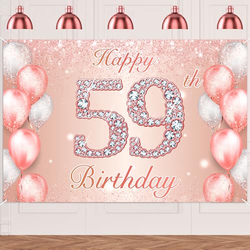 Image of Happy 59th Birthday Rose Gold Banner Cheers to 59 Years Old Backdrop Confetti Balloons Theme Decor for Women 59 Years Old Pink Birthday Party Decorations Bday Supplies Background Favors Gift Glitter
