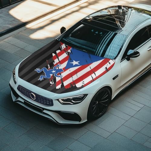 Image of Puerto Rico Flag Coqui Frog Print Car Hood Cover Protector for SUV Sedans Trucks 59x39 Inch Stretchable Car Hood Wrap Blankets Waterproof Sun Proof Auto Patriotic Decorations