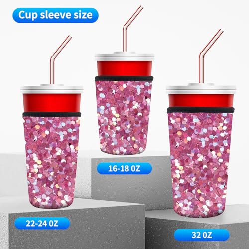 Image of 3 Pack Reusable Neoprene Insulator Sleeve for Iced Coffee Cups, Funny Coffee Cup Sleeves for 16-32oz Coffee cups, Cute Drink Sleeve for Cold Hot Beverages Cute Pink Shine