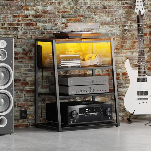 HOOBRO 4-Tier AV Media Stand, Stereo Stand with Charging Station and LED Light, Wooden Stereo Cabinet, Rack Audio Tower, Corner Entertainment Center, 30'', Rustic Brown and Black BF107UDCJ01 - Image 3