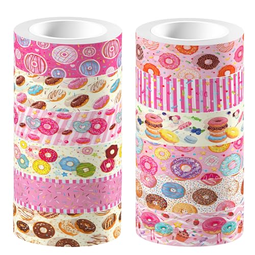 Donut Washi Tape Set 12 Rolls, Candy Cake Themed DIY Decorative Tape for Scrapbook Decorating, Art Journaling Accessories and Craft Projects