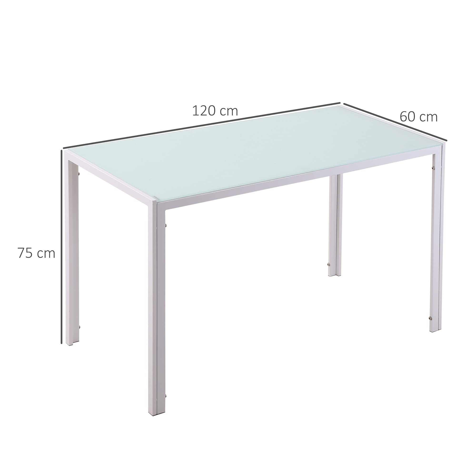 HOMCOM Tavolo Rettangolare da 4 Persone per Cucina e Soggiorno, Tavolo Moderno in Metallo e Vetro Temperato, 120x60x75 cm, Bianco