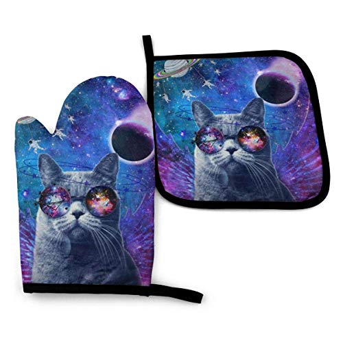 uytrgh - Juego de manoplas para cocina, diseño de galaxia voladora con gato divertido y resistente al calor