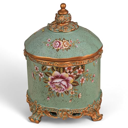 Image of DECOR BAE Flower Printed Luxurious Jewellery Jar, Resin Handcrafted Antique Premium Jewelry Storage Box for All Jewelry Necklaces Earring Ring Chain Bangle (Green, 6.5X10 Inch)
