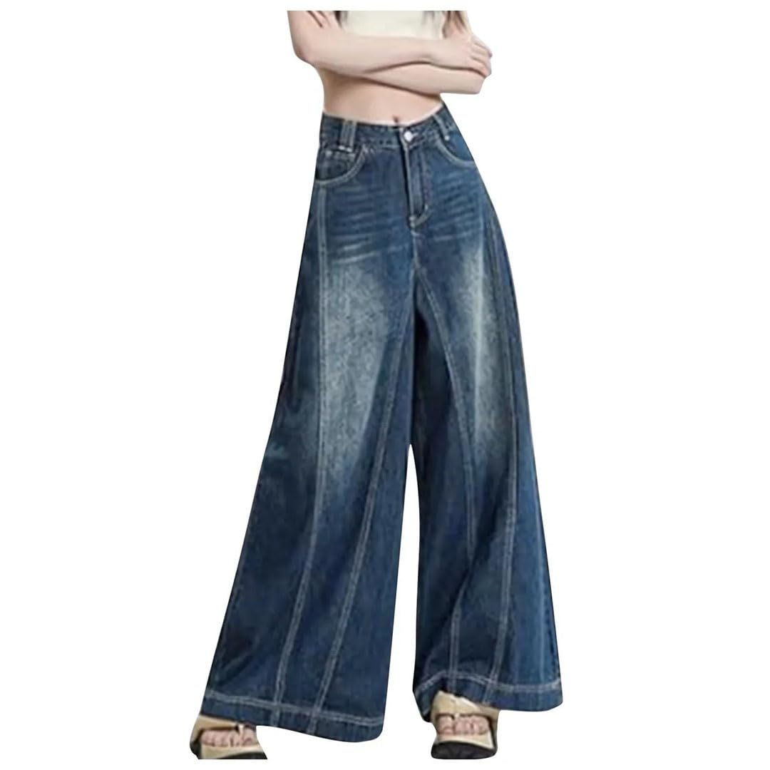 Pantalones de mezclilla acampanados retro de gran tamaño para mujer, cintura alta, pantalones palazzo
