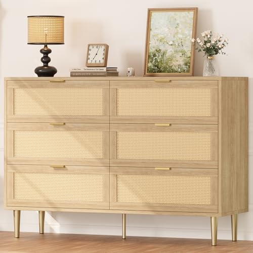 GarveeHome Rattan 6 Drawer Dresser, Modern Chest of Drawers with