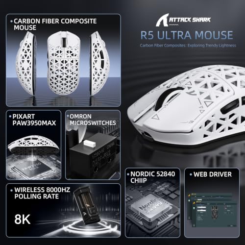 Image of ATTACK SHARK R5Ultra 8K Carbon Fiber Wireless Gaming Mouse, White