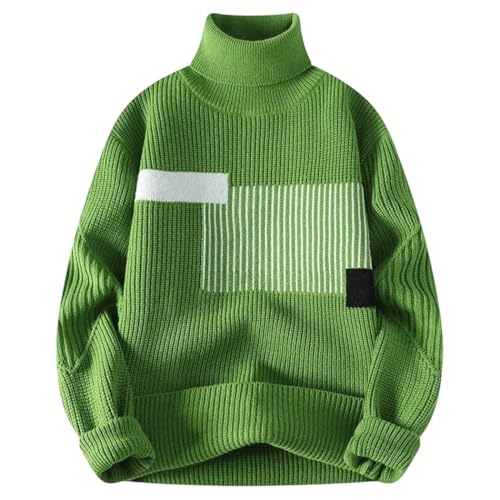 Men's Patchwork Turtleneck Sweater Knit Pullover Long Sleeve Korean Style Comfortable Warm Casual Loose Fit