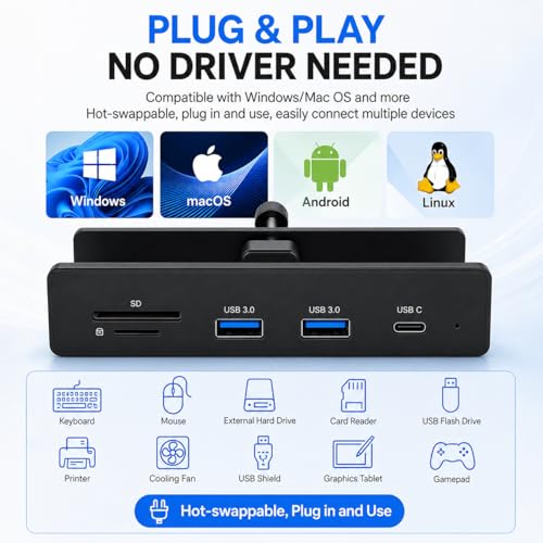Image of COMFYHOME Clamp USB Hub 3.0 for PC,5 Multi Port Adapter with USB3.0,USB C,SD /TF Card Reader,5Gbps High Speed Data Transfer,USB Port Dock for Table Desktop Laptop Mac