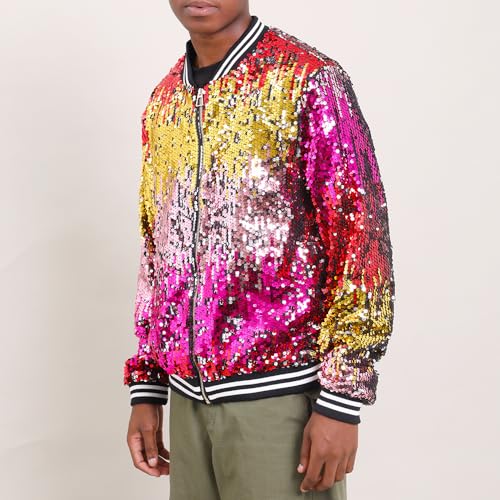 Image of YIYI Mens Sequin Jacket Bomber Sparkly Striped Varsity Glitter Jacket Male Party Outwear Coat Birthday Holiday Clothes