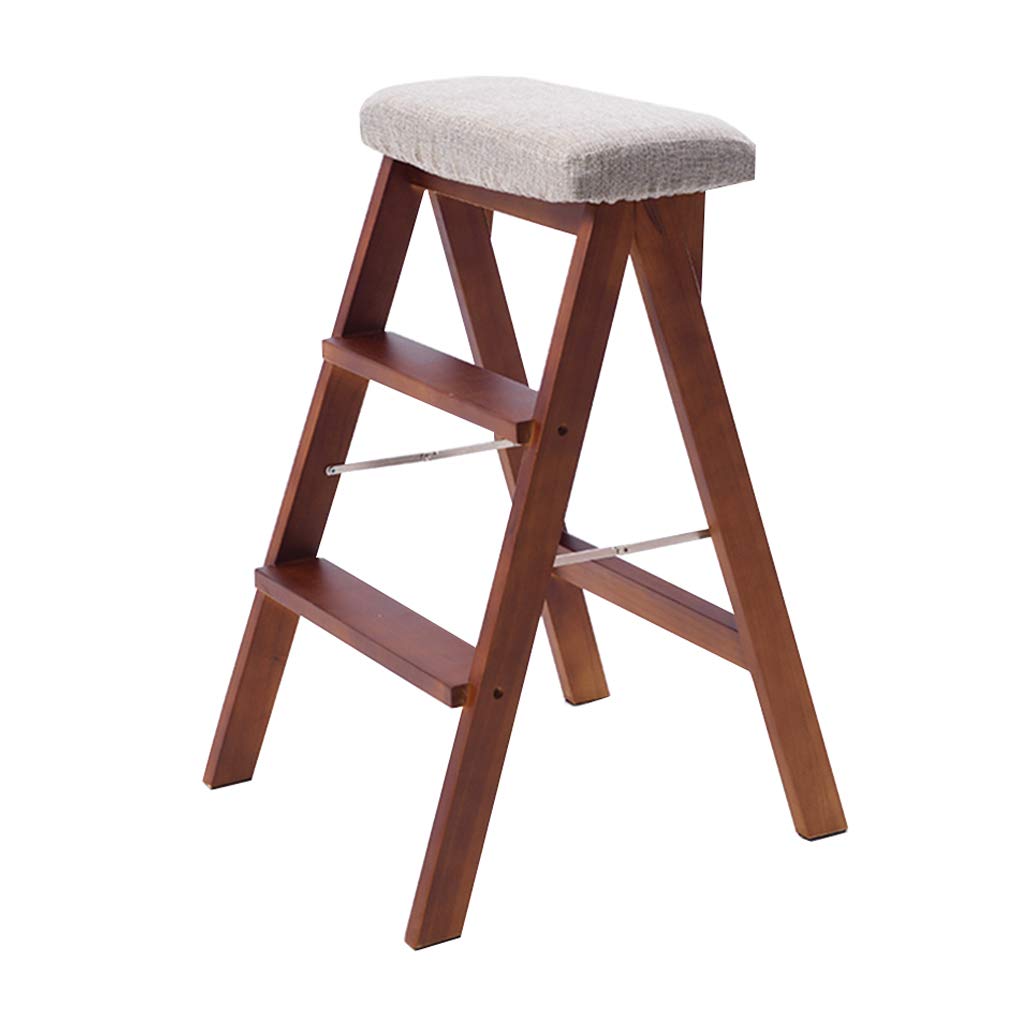 Tabouret haut robuste en bois massif marron et gris avec fonction escabeau pliant 3 marches
