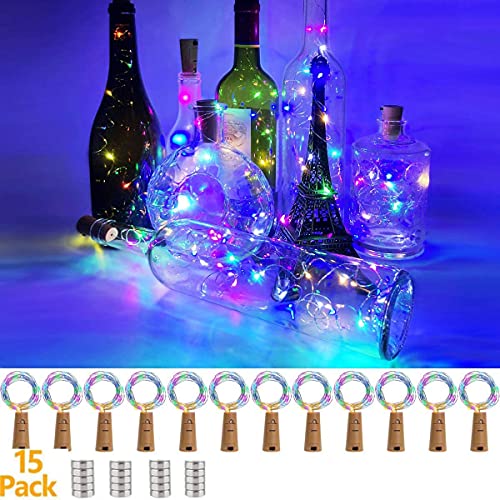 15 pcs LED lumière de bouteille, 20 LED 2M guirlandes lumineuses fil de cuivre à piles lumières de bouteille de vin pour les lumières d'ambiance de mariage de fête de bricolage Cover
