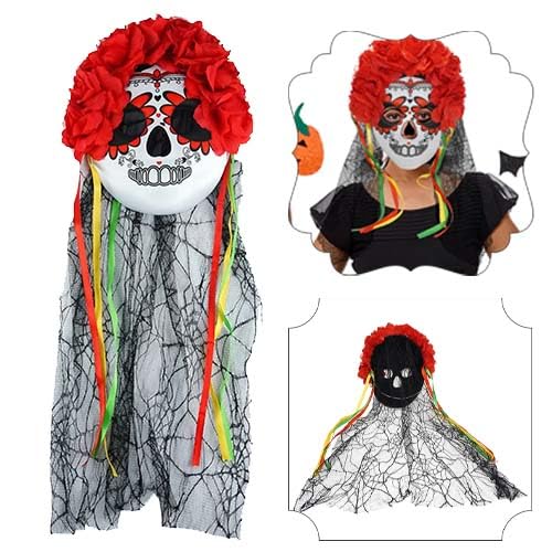 SRVertex Horror Halloween Day of the Dead Veil & Flower Masquerade Mask, Bleeding Metallic Warrior Clown Scary Dead Skeleton, Party Mask Nonslip Elastic Stretchy Cover for Women and Girls Size-60cm