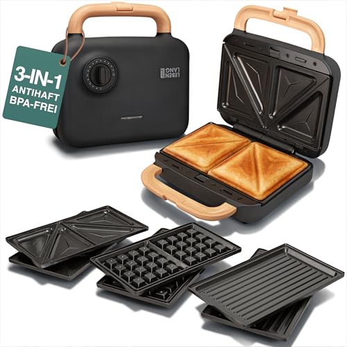 LEBENLANG Sandwichmaker 3 in 1-750W Inkl. 3 Einsätze für Grill, Sandwich & Waffeln I Sandwich...