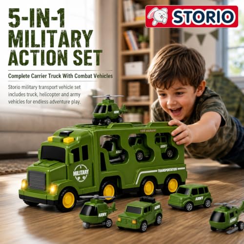 Image of Storio 5 in 1 Military Army Truck Toy for Kids 3-5 Years Boys | Transport Carrier Vehicle Set with Tank Helicopter Combat Cars | Friction Powered Light Sound Toys for 3 4 5 6 7 Years Old