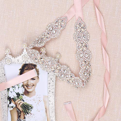 Tendaisy Women's Wedding Belt Crystal Pearls Bridal Sash Rhinestone Dress Belts For Bridal Gowns(Silver-Blush) #TOP5