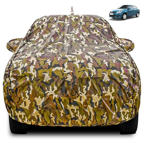 Image of FABTEC Car Body Cover for Maruti Dzire (2012-2016) Jungle Print with Soft Cotton Lining Waterproof UV & Rain Protection with Mirror and Antenna Pocket Bottom Elastic (Military /Camouflage Pattern)