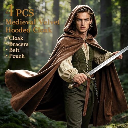 Image of Renaissance Hooded Cloak Set for Men Women Medieval Costume for Halloween