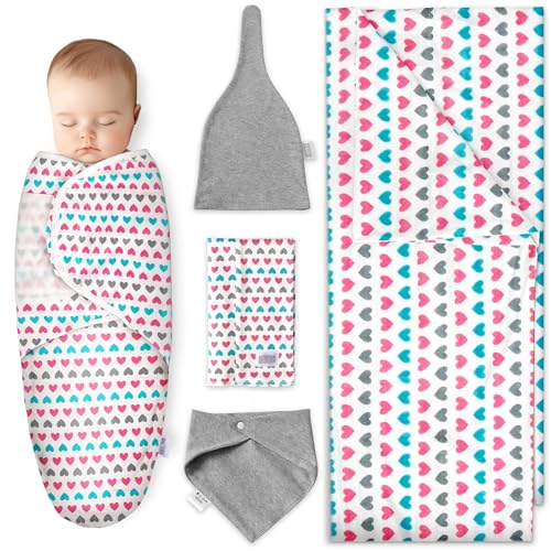 Image of Newborn Essentials Must Haves (100% Cotton) - 5pc Set Includes Muslin Blanket, Hat, Bib, Burp Cloth & Swaddle - Baby Girl Newborn Essentials