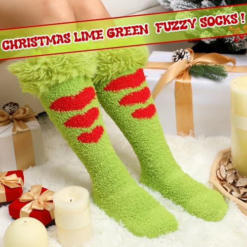 2 Pairs Christmas Lime Green Fuzzy Socks Xmas Plush Knee High Slipper Socks with Furry Faux Fur for Women Men Christmas Winter Gift 5