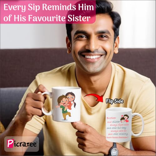 Image of PICRAZEE Raksha Bandhan Gift Combo for Brother | Rakhi, Cushion, Mug, K-Ring, F-Magnet, Standee & Card